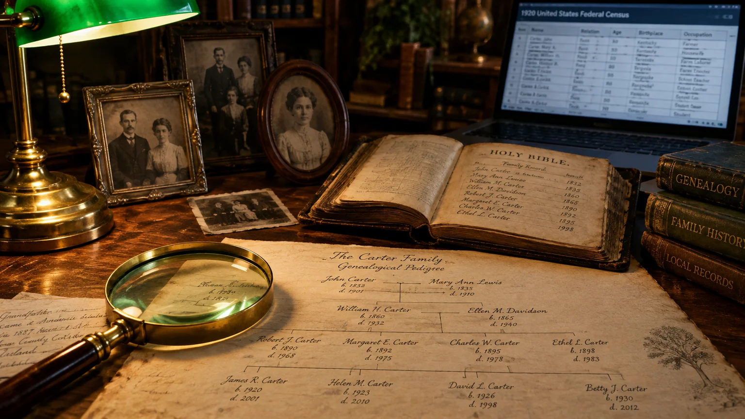 A family tree document, magnifying glass, antique photos, old Bible, and laptop displaying census data on a desk.