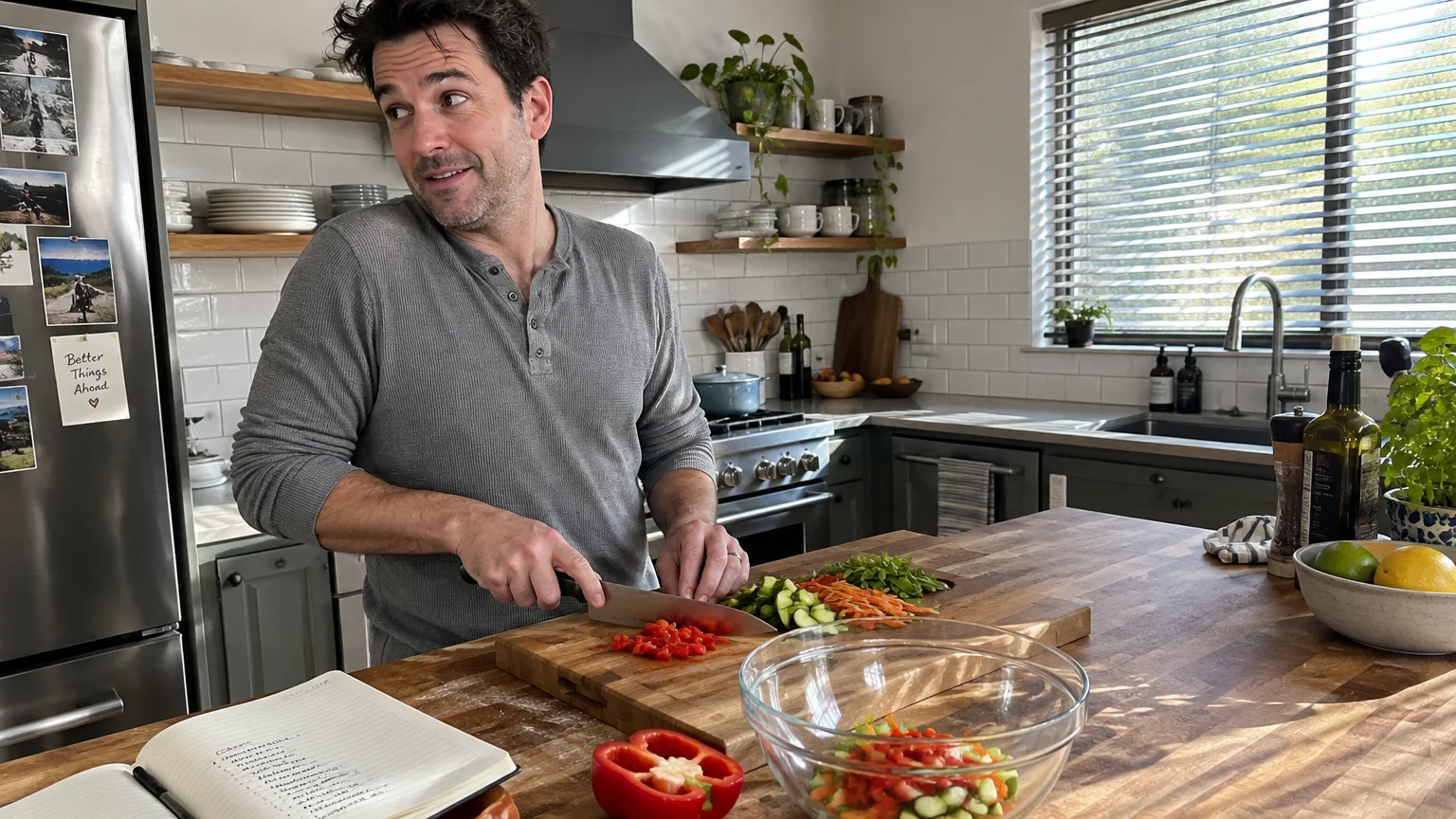 A man chops red bell peppers on a wooden butcher block island in a bright, modern kitchen.
