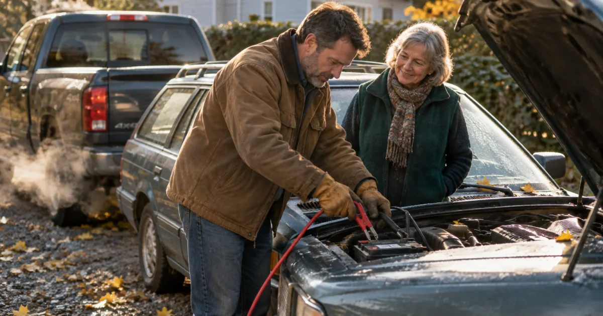 A man attaching jumper cables to a car battery while an older woman watches outdoors on a gravel driveway.