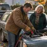 A man attaching jumper cables to a car battery while an older woman watches outdoors on a gravel driveway.