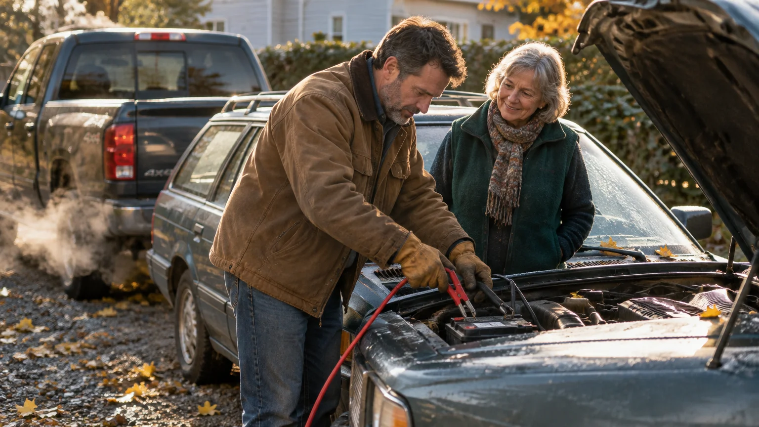 A man attaching jumper cables to a car battery while an older woman watches outdoors on a gravel driveway.
