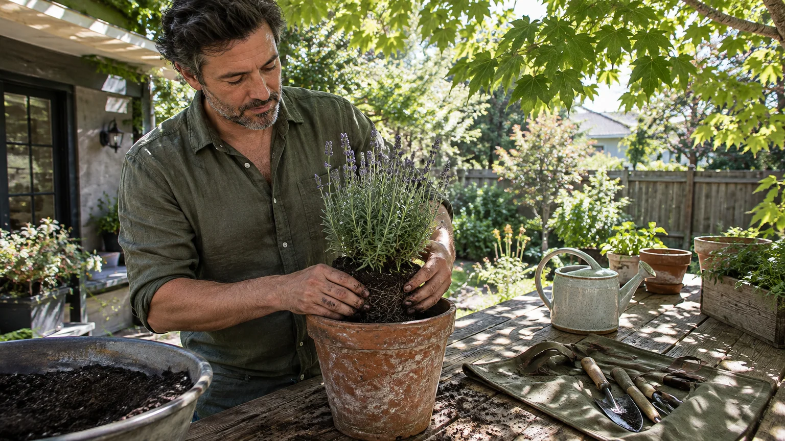 A man pots a lavender plant in a terracotta pot on an outdoor wooden table in a sunny garden.