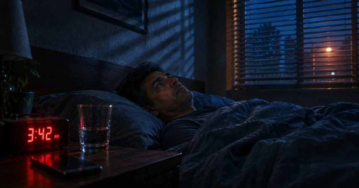 Man lying awake in bed at night, looking up, with a digital alarm clock showing 3:42 AM on the nightstand.