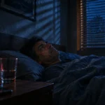 Man lying awake in bed at night, looking up, with a digital alarm clock showing 3:42 AM on the nightstand.