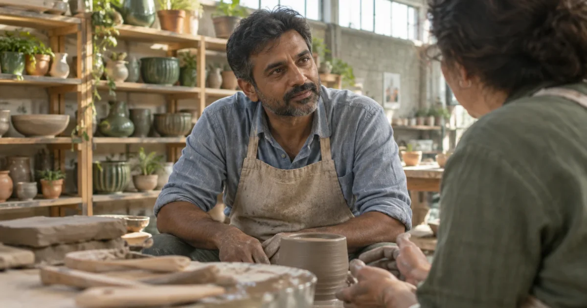 A man wearing an apron sits at a pottery wheel in a sunlit studio, listening intently to a woman beside him.
