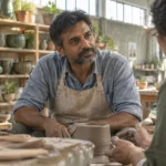 A man wearing an apron sits at a pottery wheel in a sunlit studio, listening intently to a woman beside him.