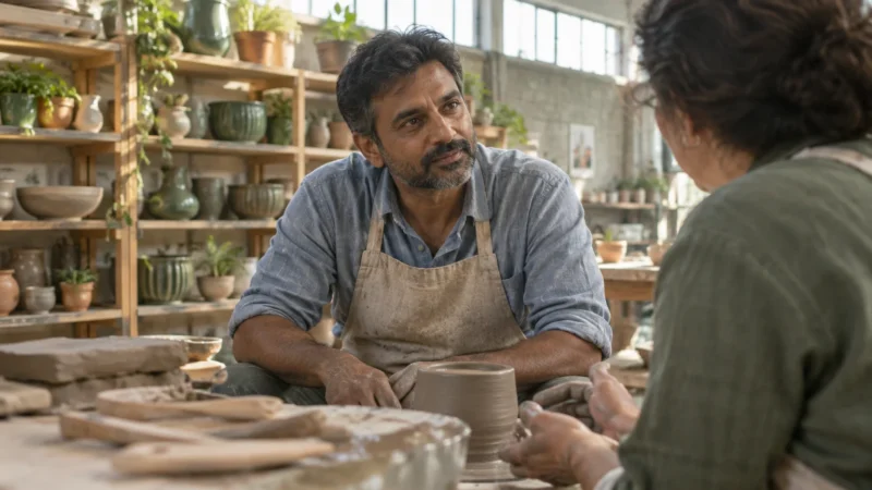 A man wearing an apron sits at a pottery wheel in a sunlit studio, listening intently to a woman beside him.