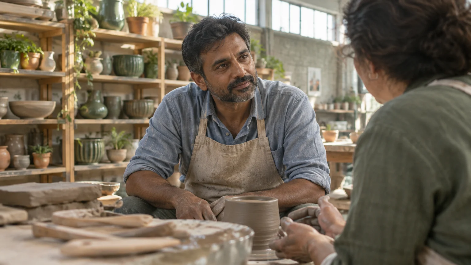 A man wearing an apron sits at a pottery wheel in a sunlit studio, listening intently to a woman beside him.