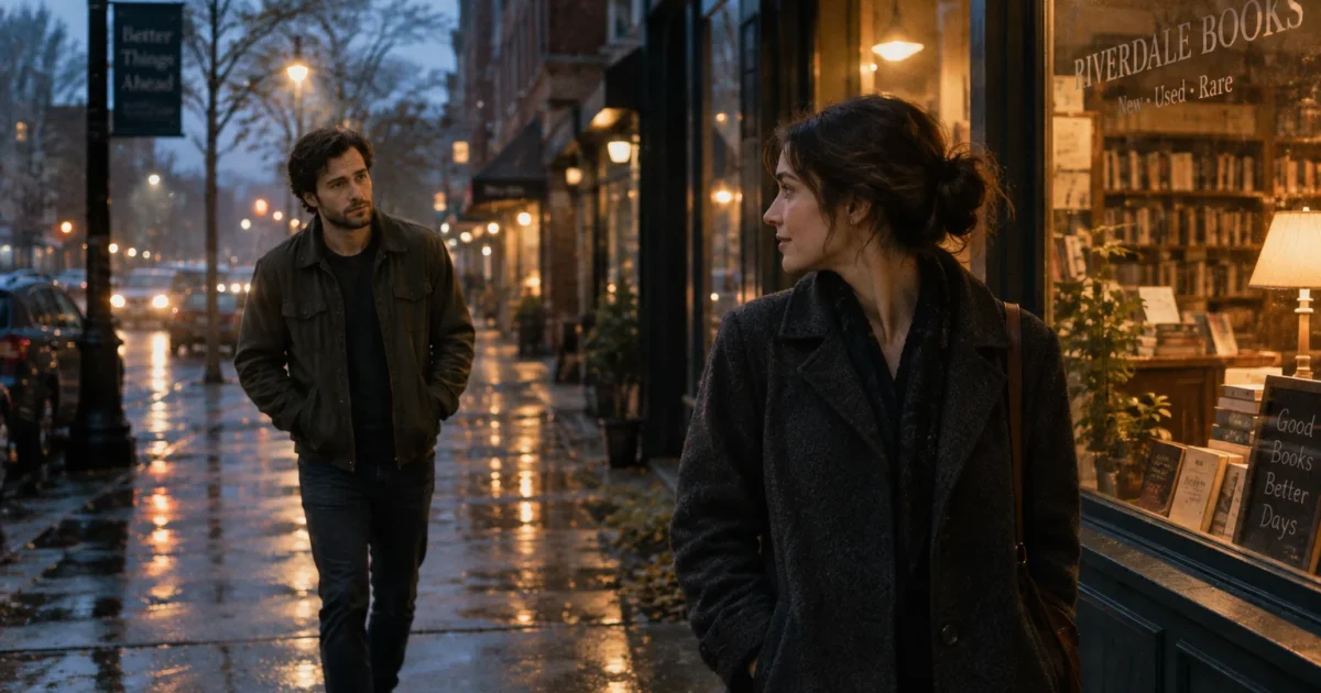 A woman walks past a bookstore window on a wet evening sidewalk as a man walks behind her, looking toward her.