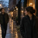 A woman walks past a bookstore window on a wet evening sidewalk as a man walks behind her, looking toward her.