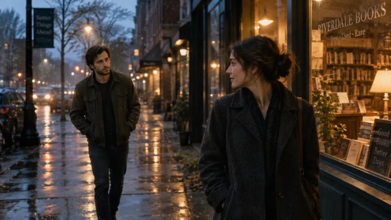 A woman walks past a bookstore window on a wet evening sidewalk as a man walks behind her, looking toward her.