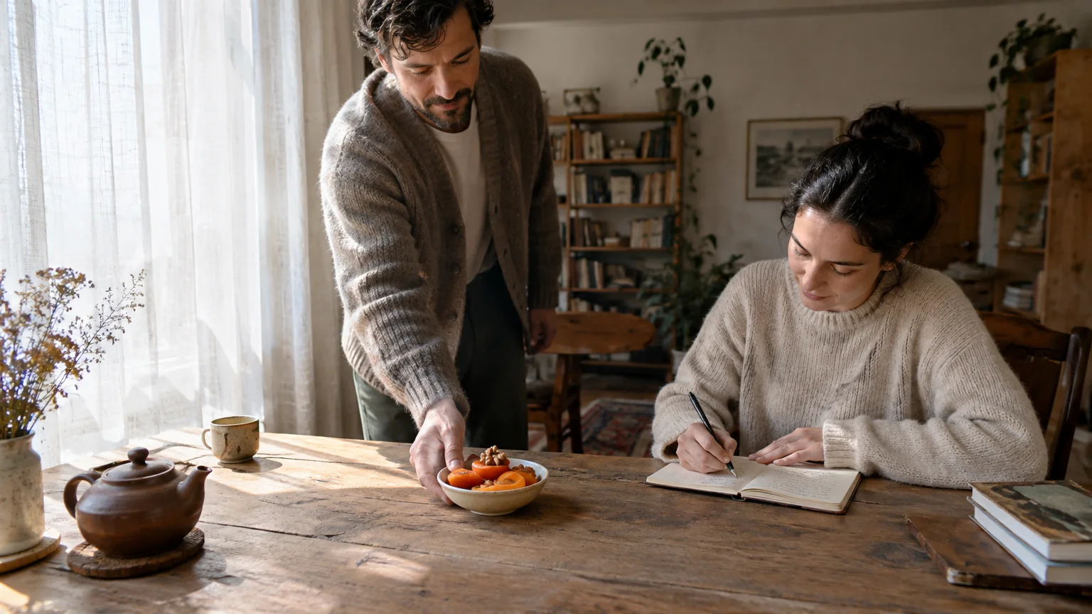 A man places a bowl of fruit before a woman writing in a notebook at a rustic wooden dining table.