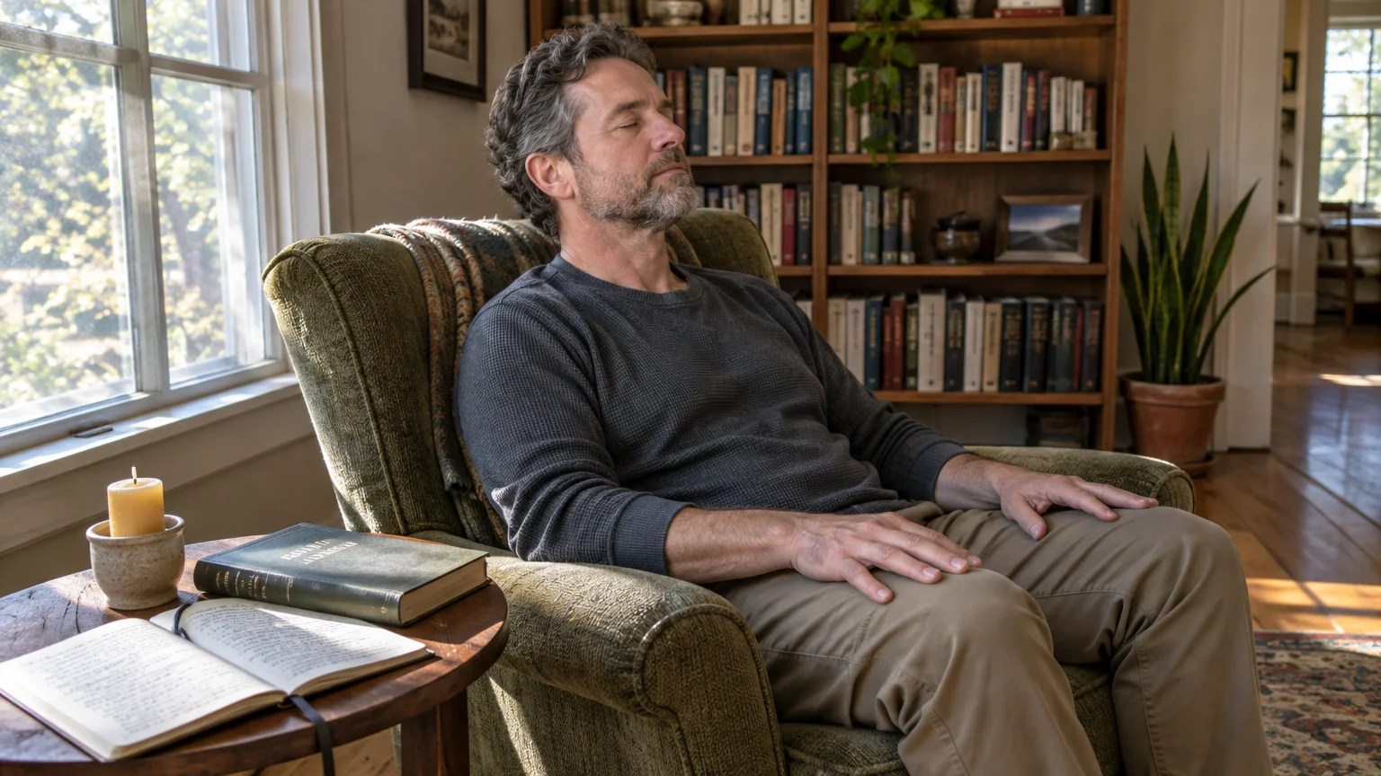 A bearded man rests with eyes closed in an armchair beside an open journal, book, and candle, near a bookcase.