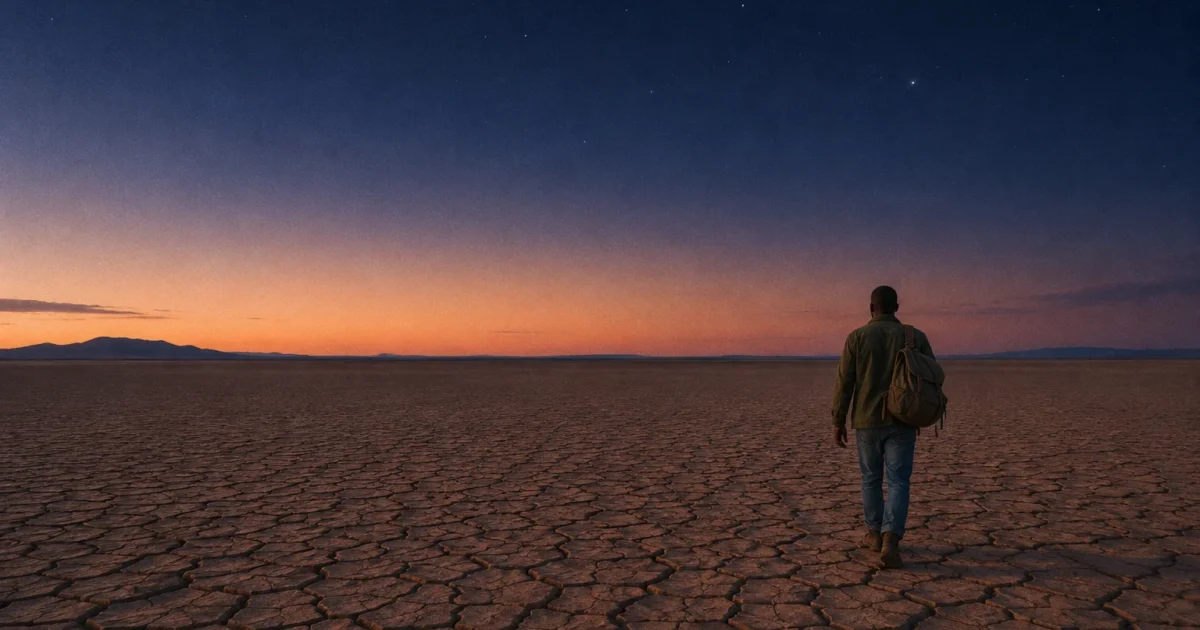 A man with a backpack walks away across vast cracked desert earth beneath an orange and blue twilight sky.