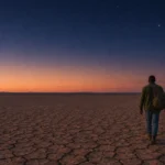 A man with a backpack walks away across vast cracked desert earth beneath an orange and blue twilight sky.
