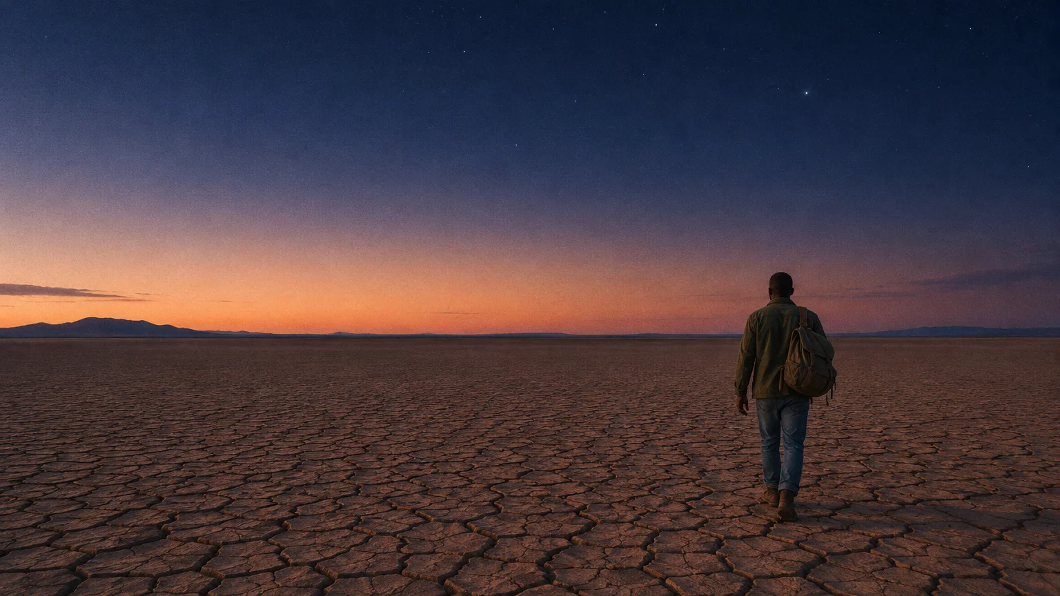 A man with a backpack walks away across vast cracked desert earth beneath an orange and blue twilight sky.