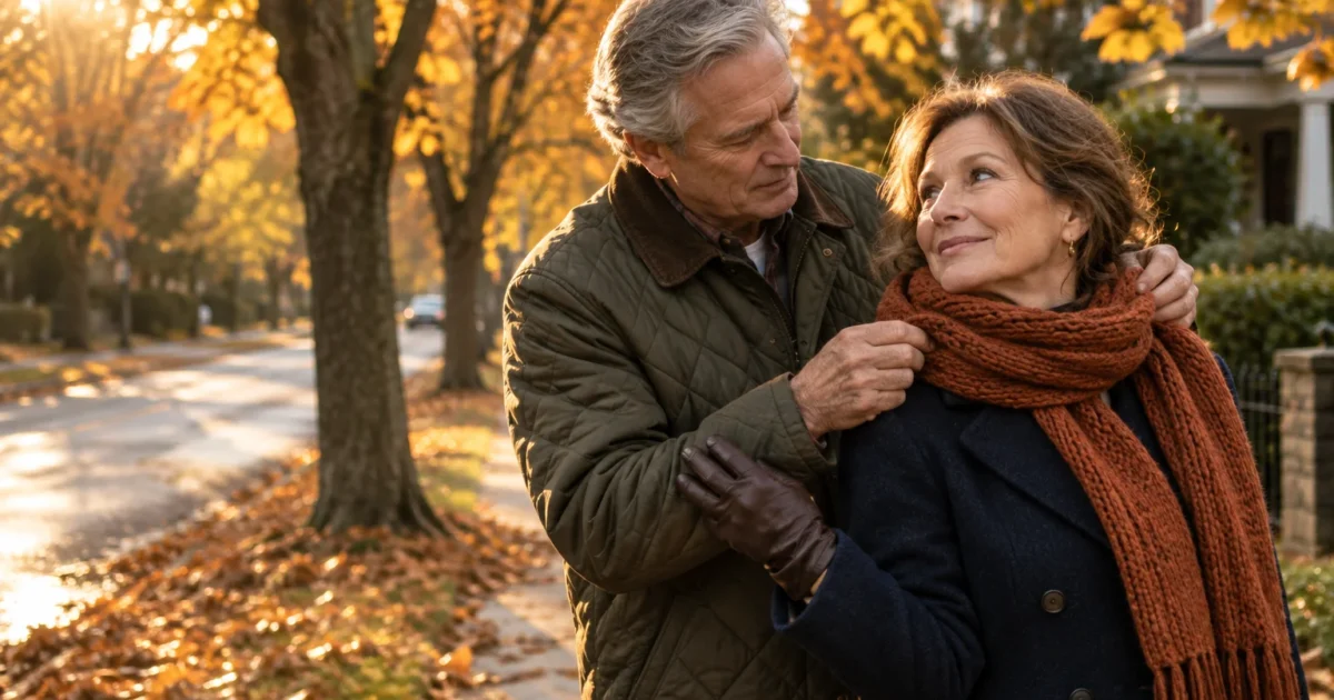 Older man adjusting a knit orange scarf around a smiling woman on a tree-lined sidewalk covered in autumn leaves.