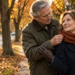 Older man adjusting a knit orange scarf around a smiling woman on a tree-lined sidewalk covered in autumn leaves.
