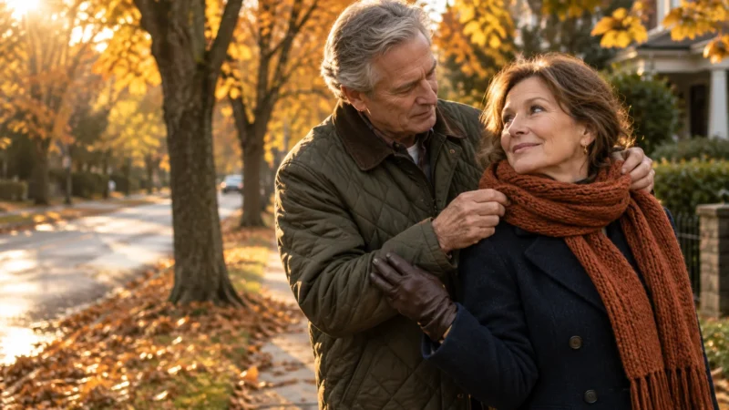 Older man adjusting a knit orange scarf around a smiling woman on a tree-lined sidewalk covered in autumn leaves.
