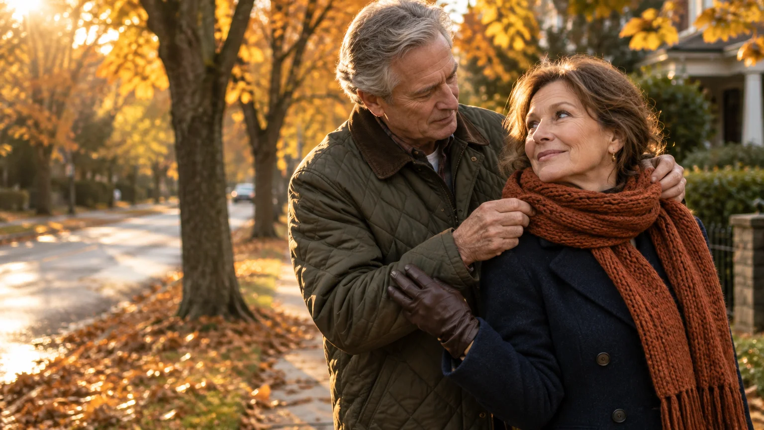 Older man adjusting a knit orange scarf around a smiling woman on a tree-lined sidewalk covered in autumn leaves.