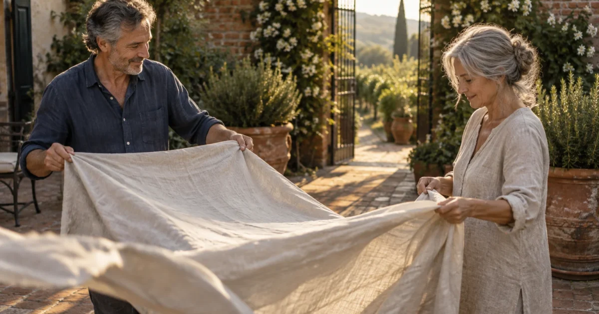 A smiling mature man and woman folding a large linen sheet together in a sunny stone courtyard.