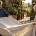 A smiling mature man and woman folding a large linen sheet together in a sunny stone courtyard.