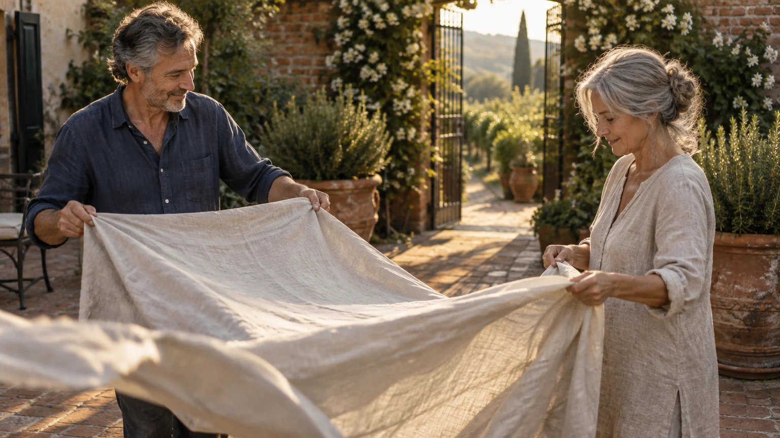 A smiling mature man and woman folding a large linen sheet together in a sunny stone courtyard.