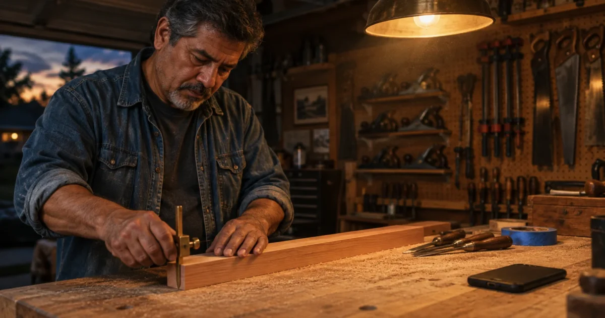 Man working with a marking gauge on a piece of lumber at a wooden workbench in a dimly lit workshop.