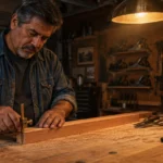 Man working with a marking gauge on a piece of lumber at a wooden workbench in a dimly lit workshop.