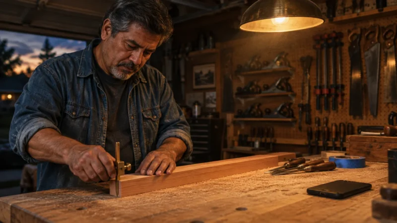Man working with a marking gauge on a piece of lumber at a wooden workbench in a dimly lit workshop.