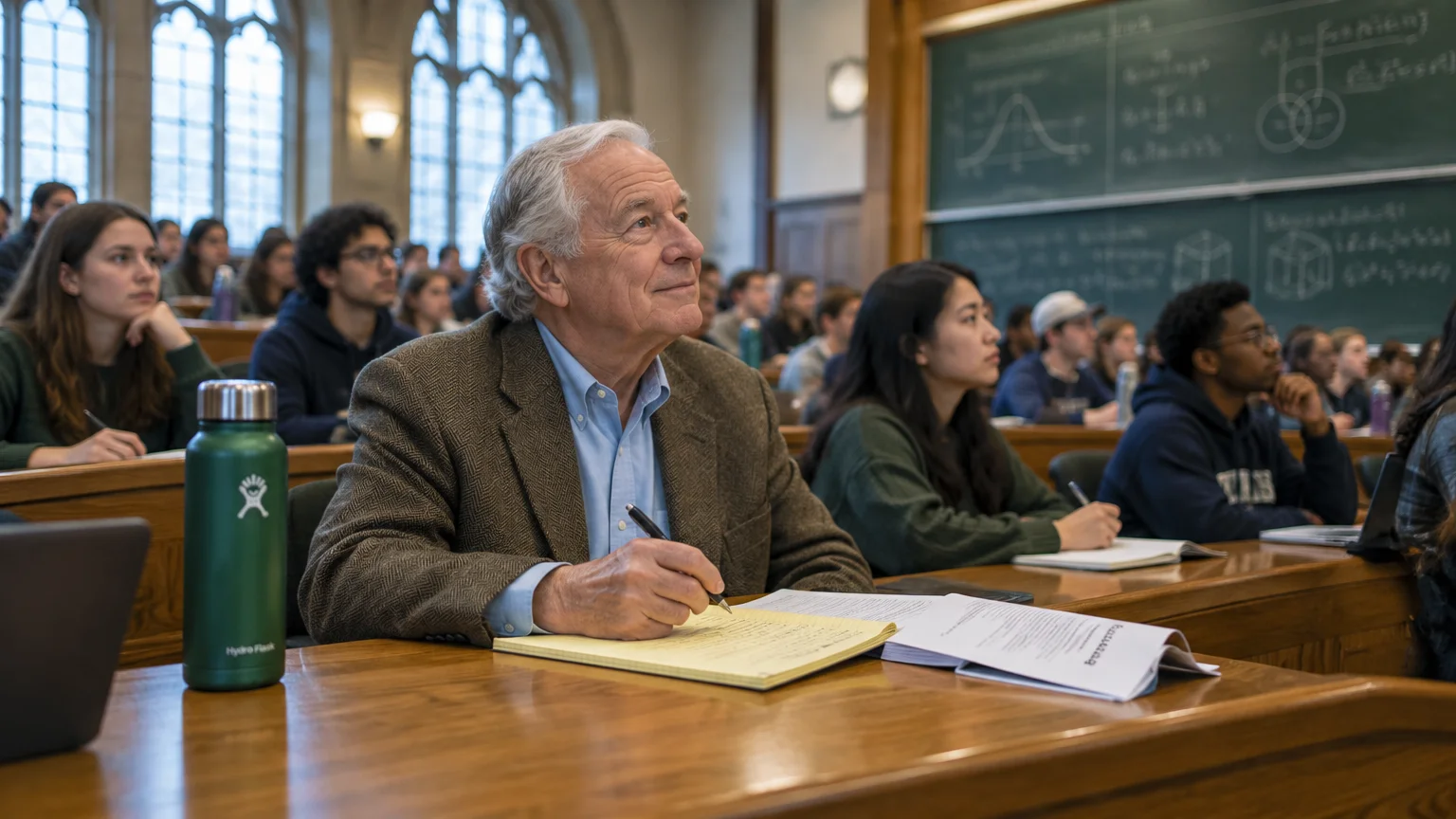 An older man taking notes in a university lecture hall filled with young students sitting at wooden desks.