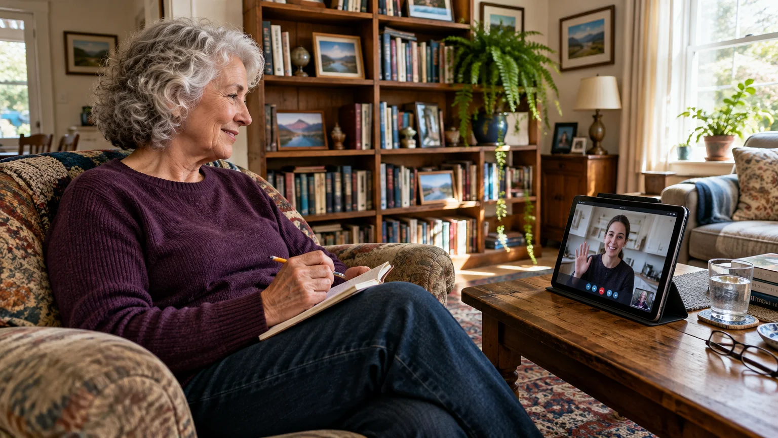 A senior woman with curly gray hair smiles while video chatting on a tablet set on a living room coffee table.