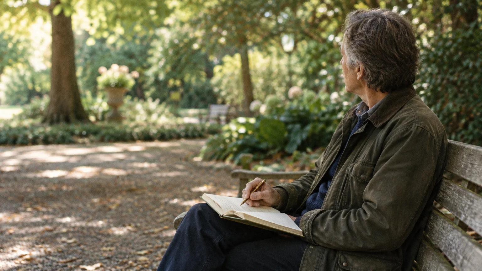 A man sits on a wooden park bench holding a pen and an open notebook on his lap, looking away toward the trees.