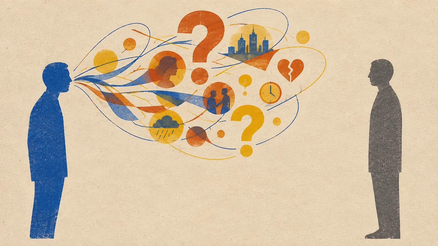 Illustration of two silhouette figures facing each other with colorful thought bubbles, icons, and question marks between them.