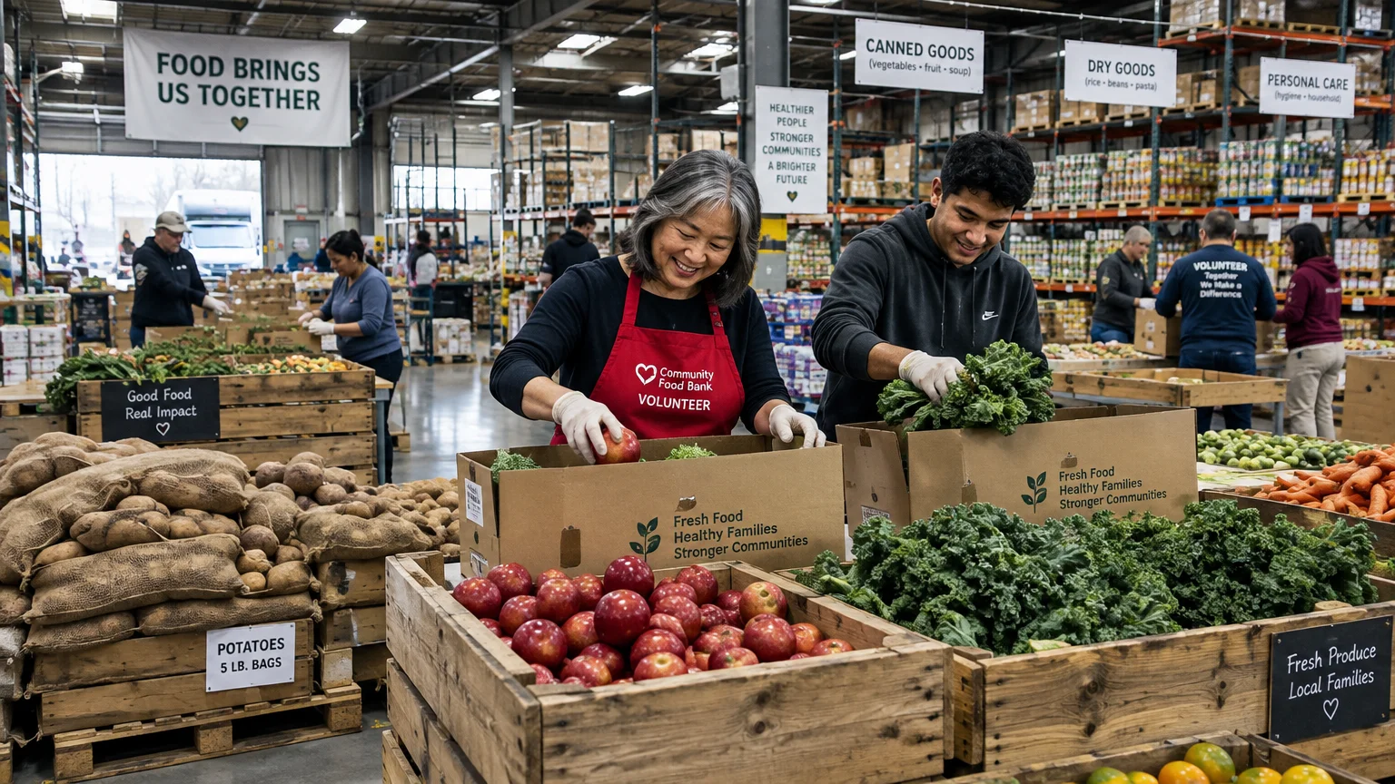 Volunteers pack fresh apples and kale into cardboard boxes inside a bustling community food bank warehouse.