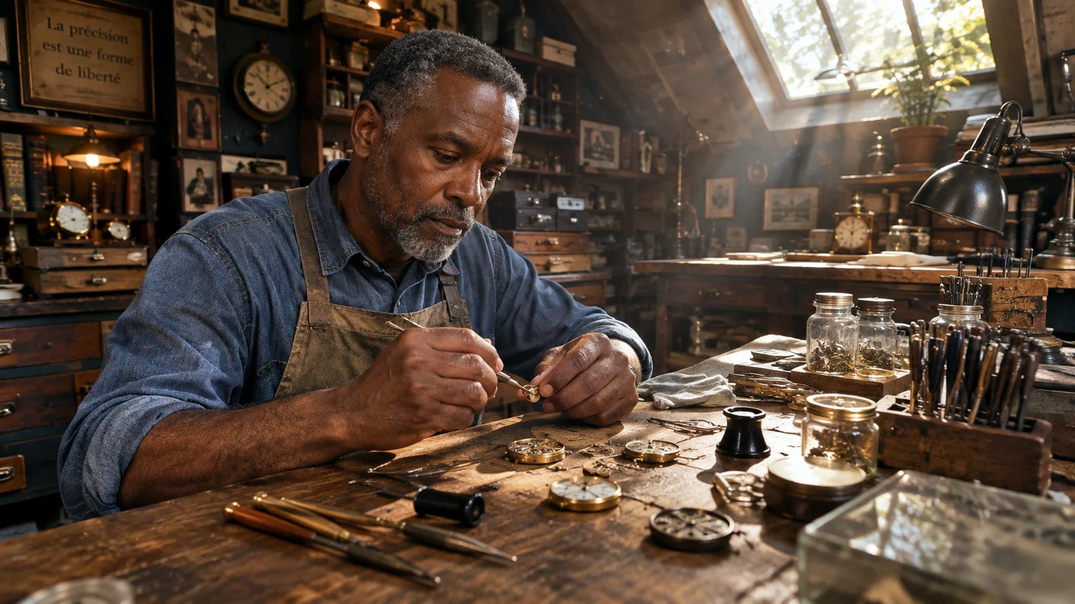 A man with gray hair and an apron works on small watch parts at a wooden workbench in a workshop.