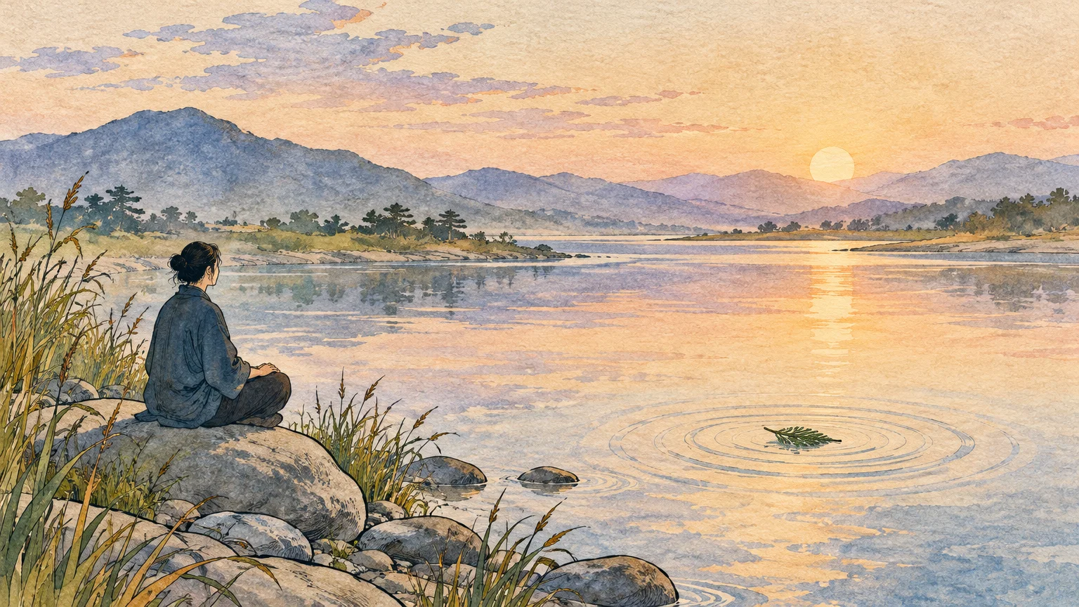 Watercolor illustration of a person sitting peacefully on a rocky lake shore at sunset, looking across calm water.