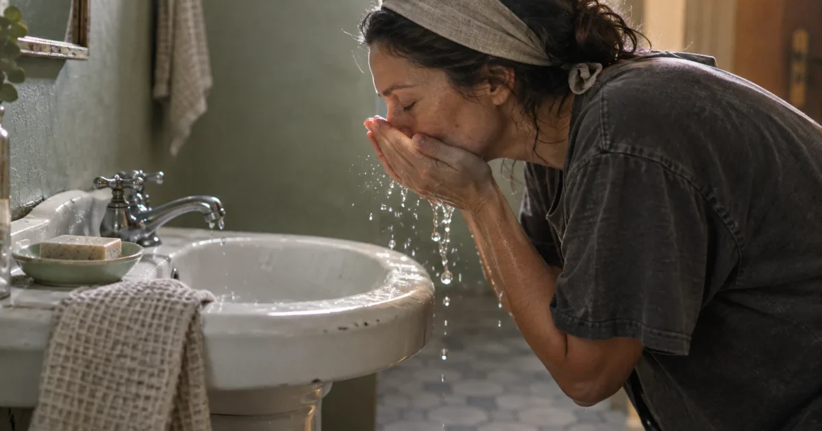 A woman wearing a headband leans over a white porcelain sink to splash water onto her face.