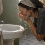 A woman wearing a headband leans over a white porcelain sink to splash water onto her face.
