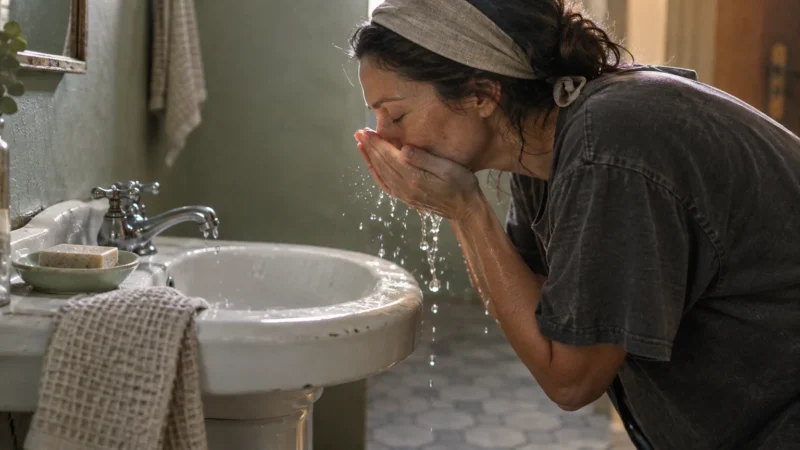 A woman wearing a headband leans over a white porcelain sink to splash water onto her face.