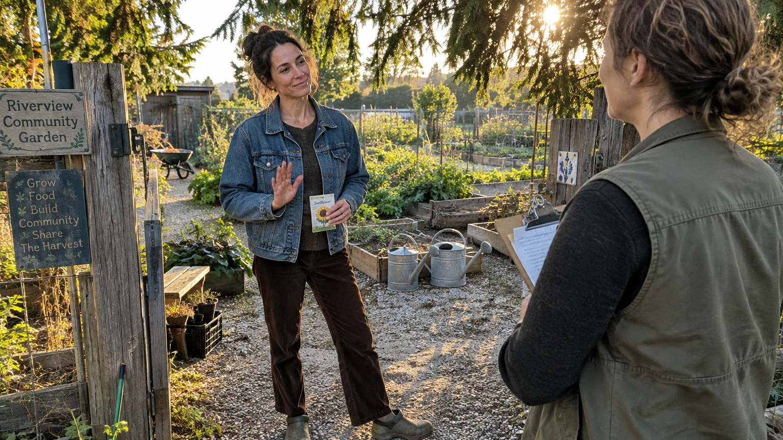 A smiling woman holding sunflower seeds raises a hand at a community garden entrance while talking to someone with a clipboard.