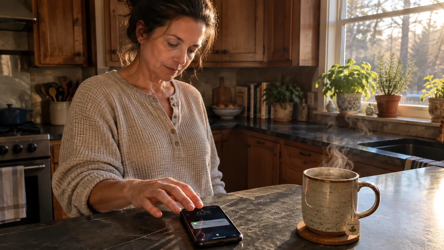 A woman in a warm kitchen reaches for a smartphone lighting up with a notification next to a steaming mug.