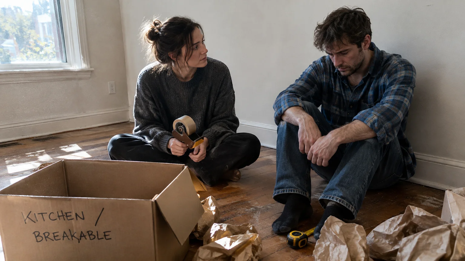 A woman holding packing tape looks with concern at a dejected man sitting on the floor near moving boxes.