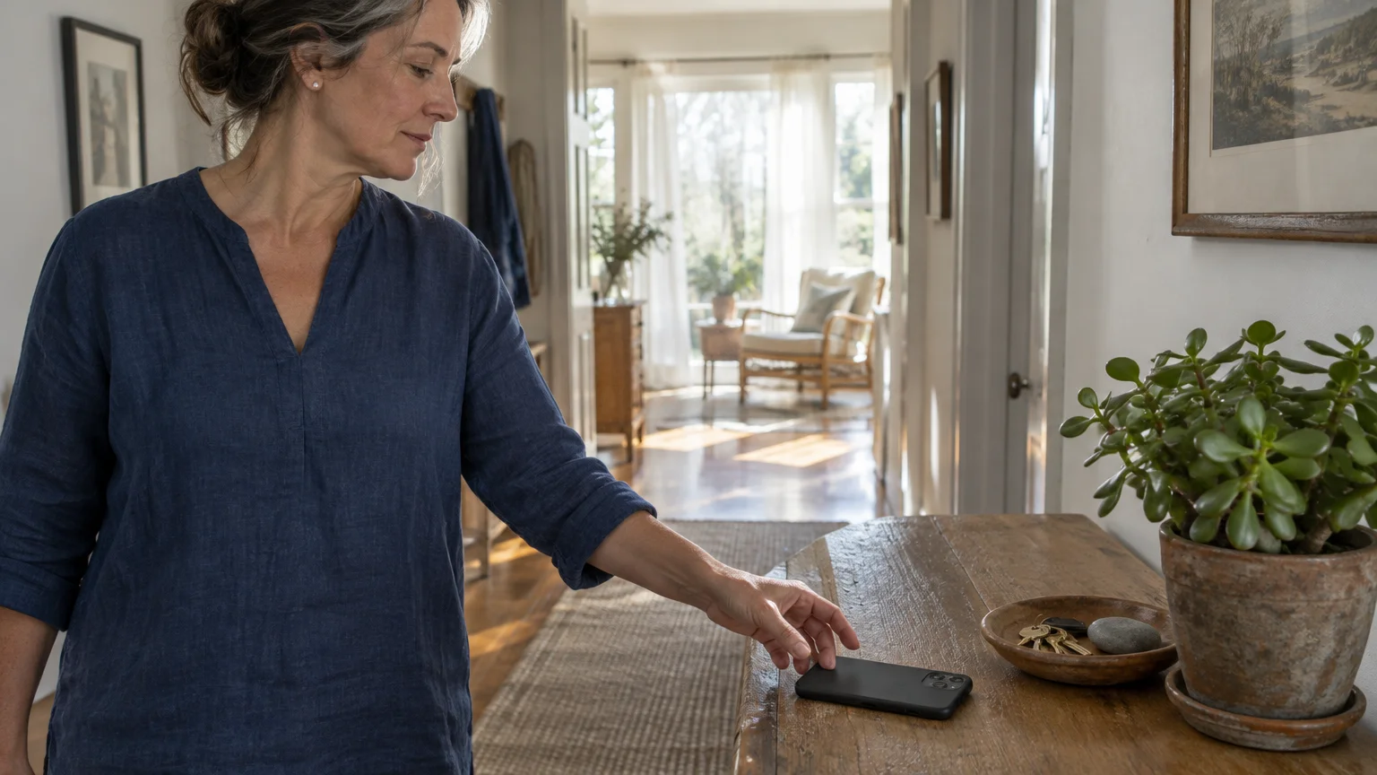 A mature woman in a blue linen shirt places her smartphone face down on a wooden console table in a bright hallway.