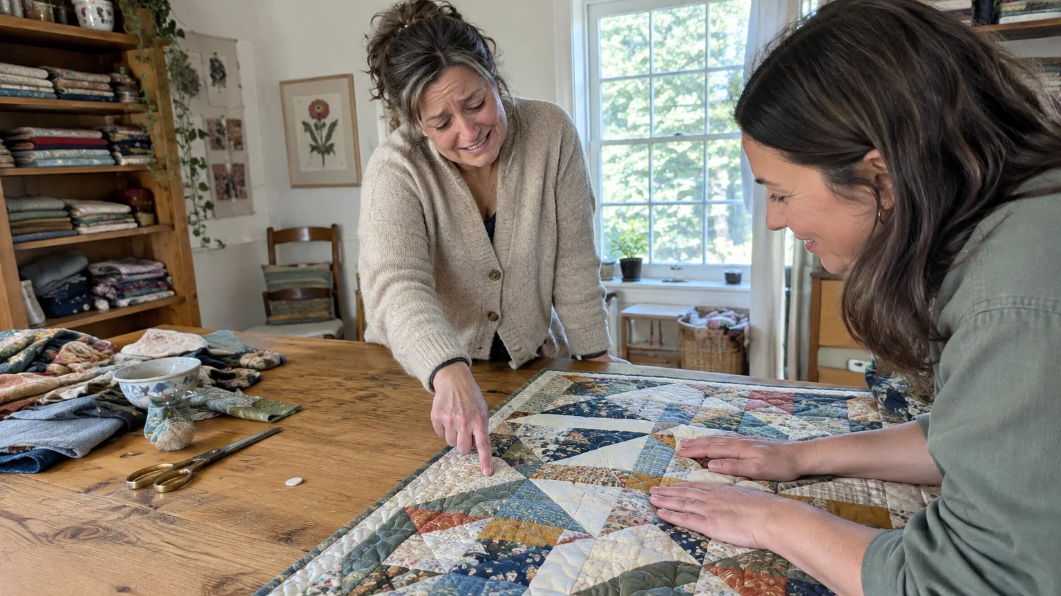 Two women examine a patterned handmade quilt laid across a wooden craft table in a brightly lit room.