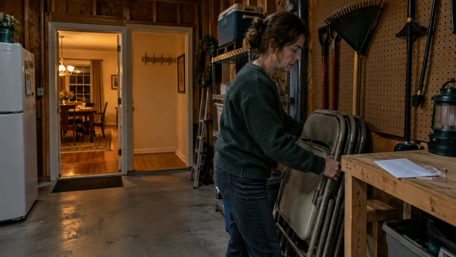 A woman in a green sweater moves metal folding chairs in a garage while a brightly lit dining room is visible behind her.