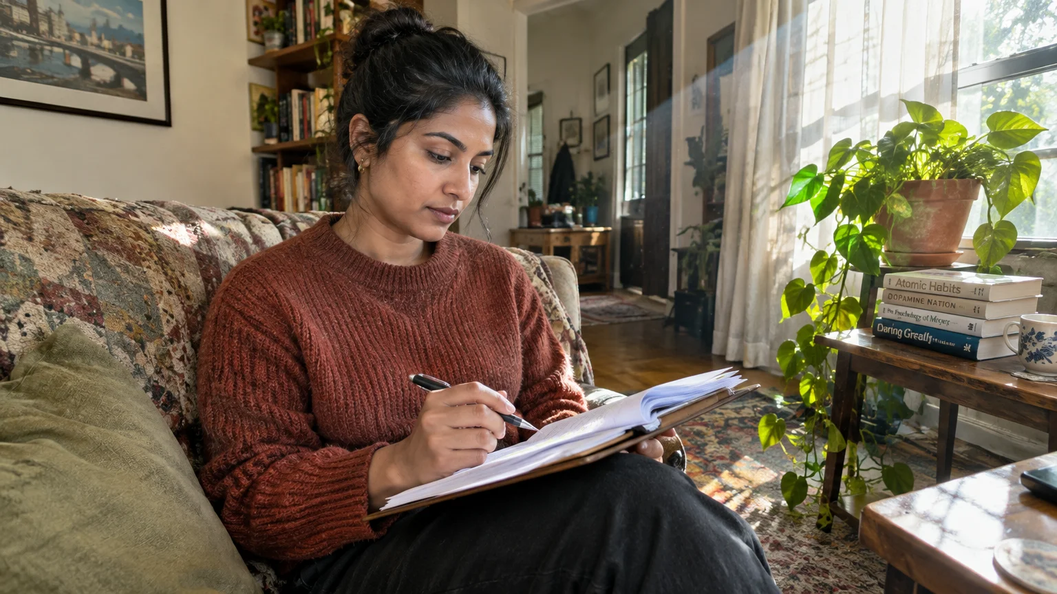 A woman sitting on a patterned sofa in a sunlit living room writes in an open notebook resting on her lap.