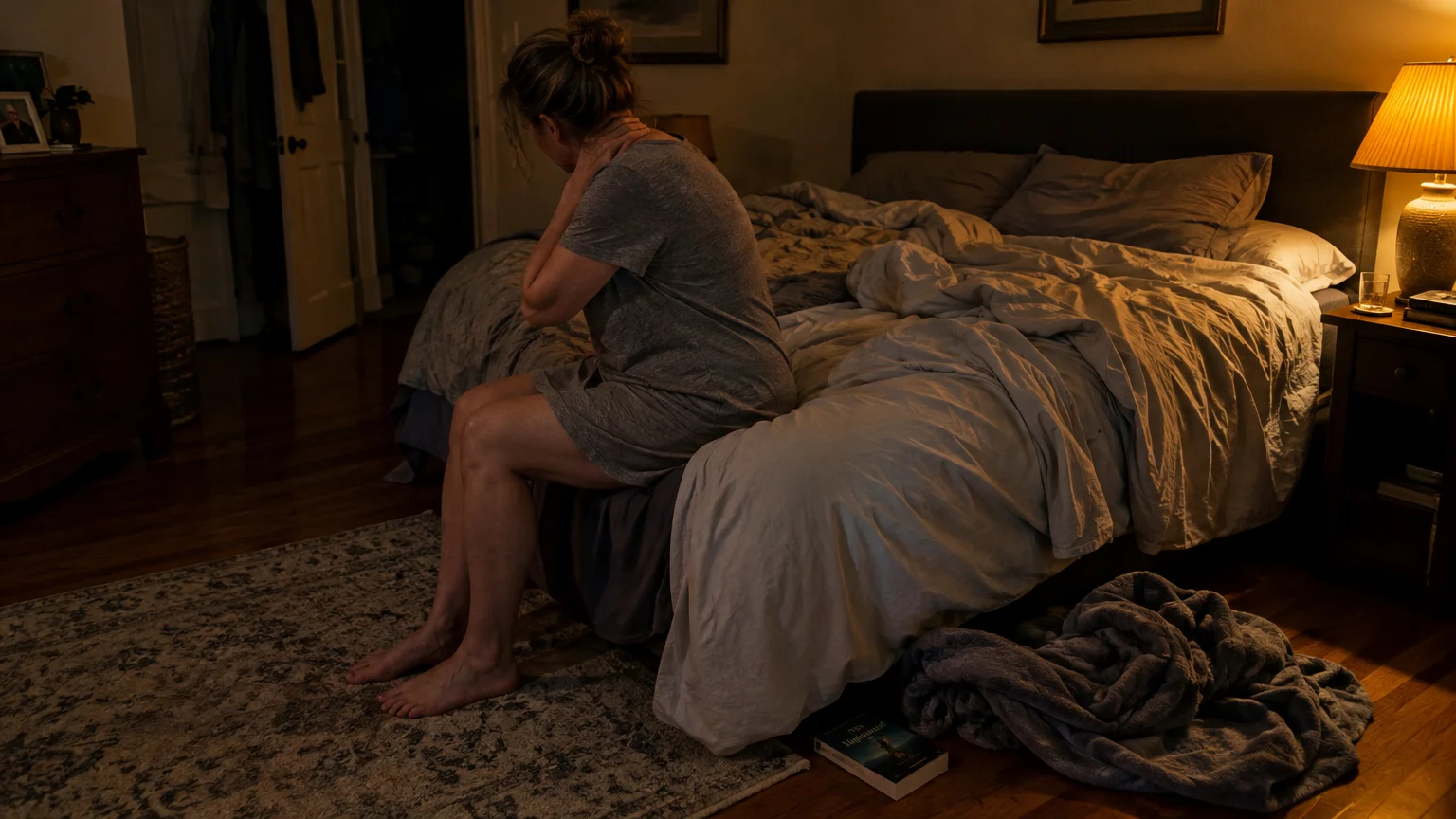 A woman sitting on the edge of an unmade bed touching her neck in a dimly lit bedroom.