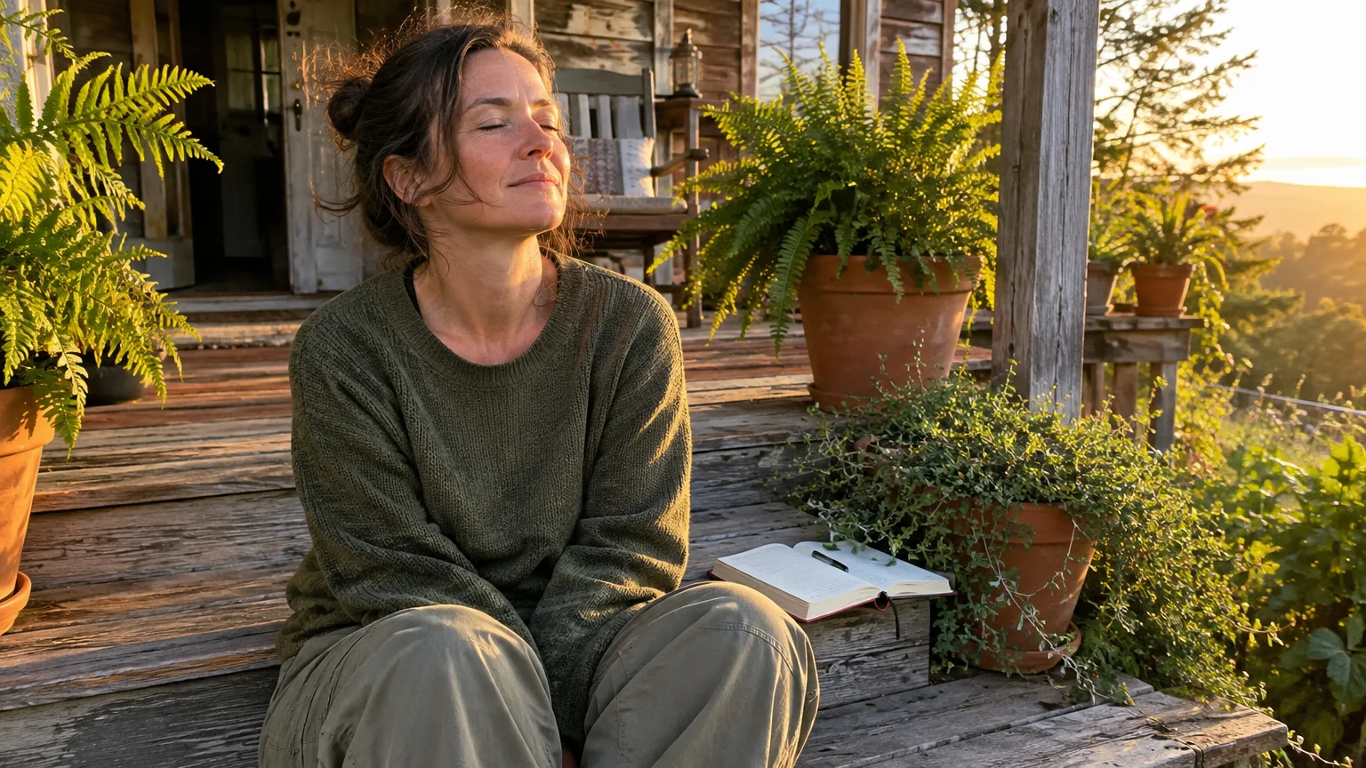 A woman sitting on rustic wooden porch steps with her eyes closed in the sunlight, beside potted ferns and a notebook.