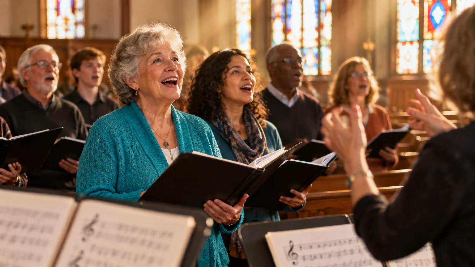 Diverse group of smiling choir members holding music binders and singing in a church behind a choir conductor.